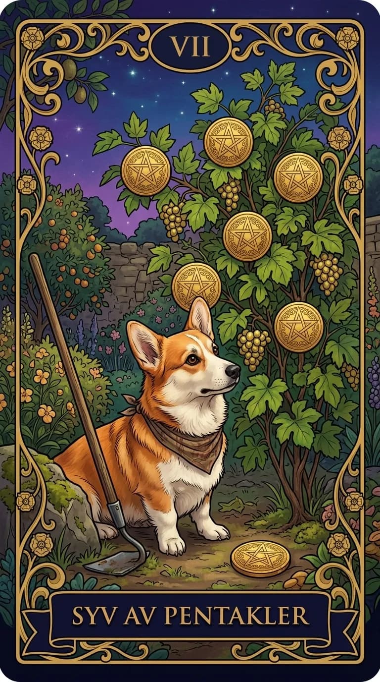 Tarotkortet Syv av Pentakler fra en personlig eksempelkortstokk