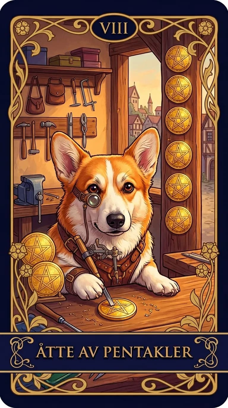 Tarotkortet Åtte av Pentakler fra en personlig eksempelkortstokk