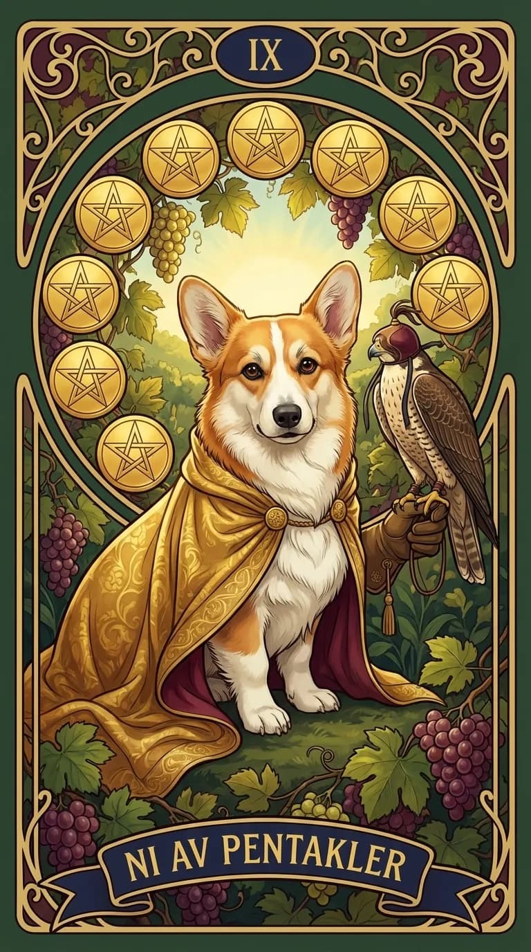 Tarotkortet Ni av Pentakler fra en personlig eksempelkortstokk