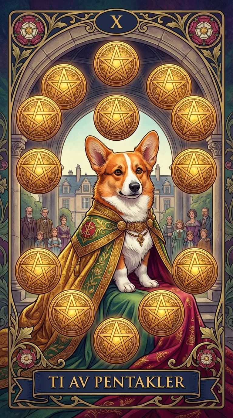 Tarotkortet Ti av Pentakler fra en personlig eksempelkortstokk