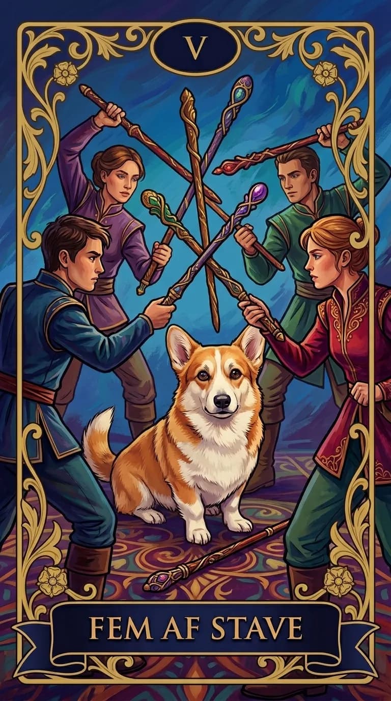 Tarotkortet Fem af Stave fra et personligt eksempelkortsæt