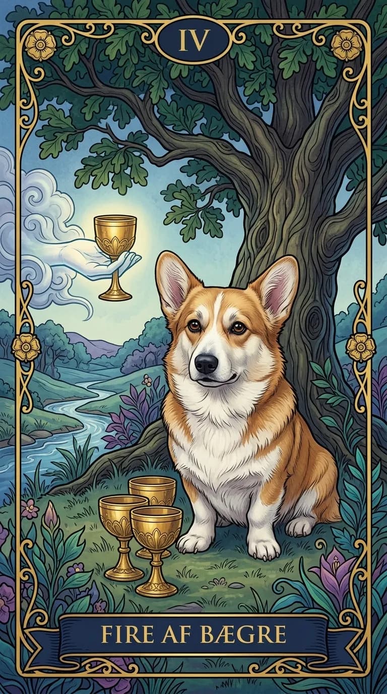Tarotkortet Fire af Bægre fra et personligt eksempelkortsæt
