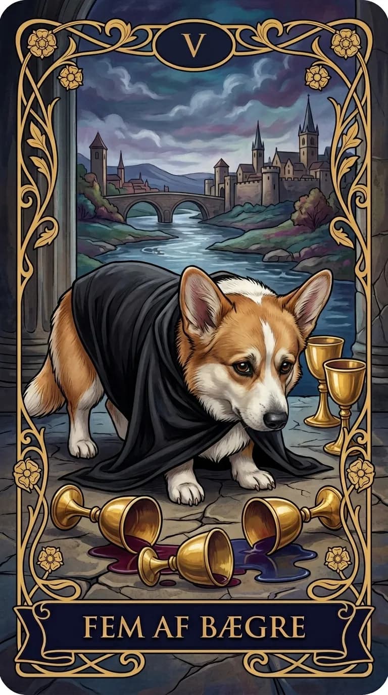Tarotkortet Fem af Bægre fra et personligt eksempelkortsæt