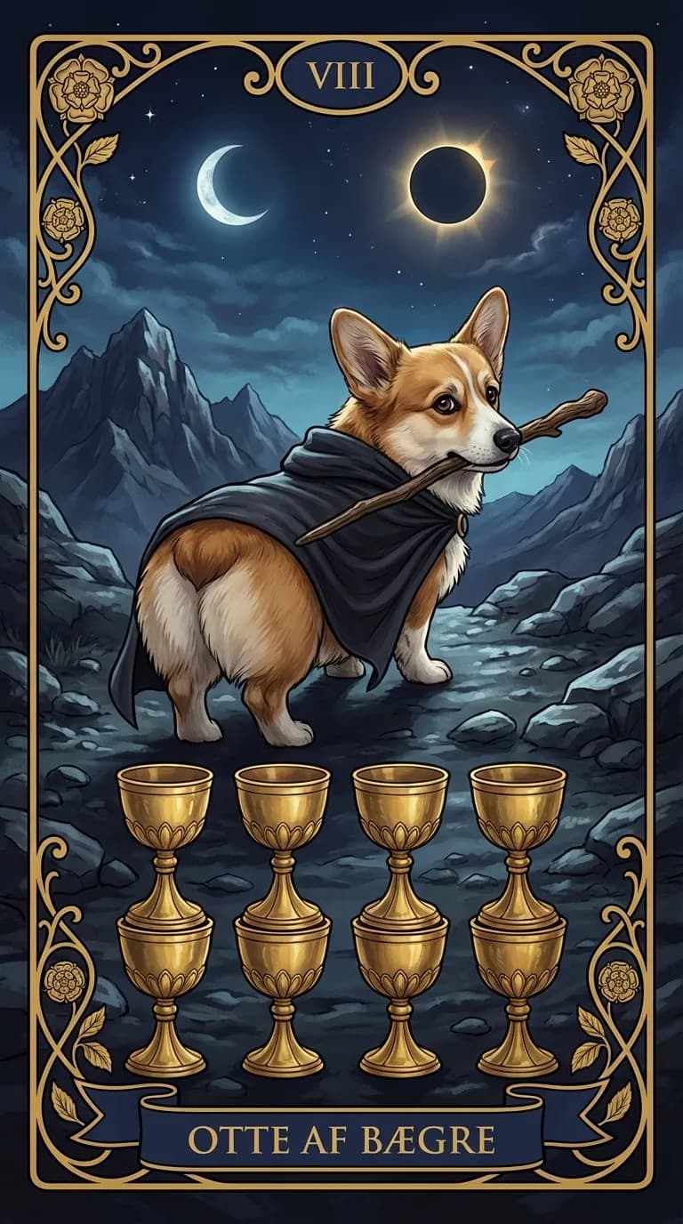 Tarotkortet Otte af Bægre fra et personligt eksempelkortsæt