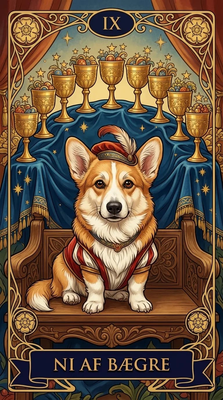 Tarotkortet Ni af Bægre fra et personligt eksempelkortsæt
