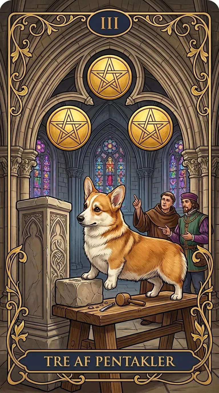 Tarotkortet Tre af Pentakler fra et personligt eksempelkortsæt