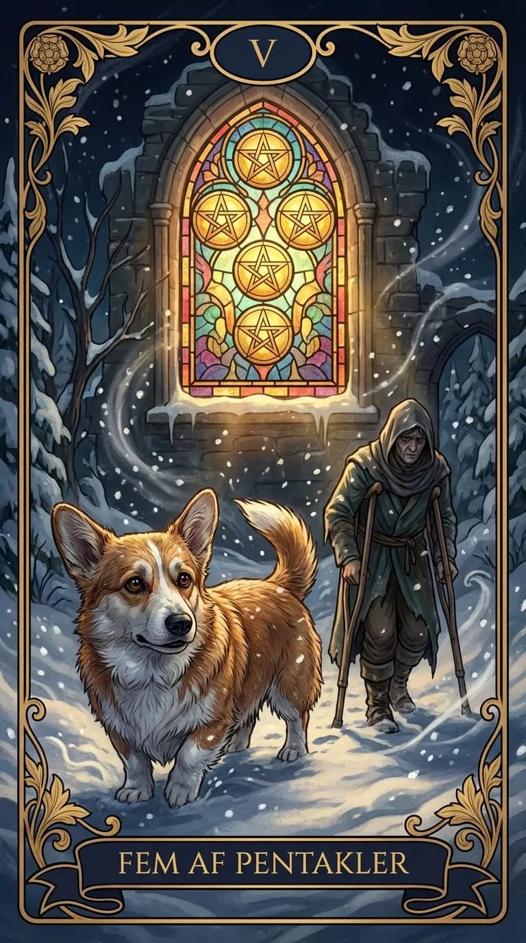 Tarotkortet Fem af Pentakler fra et personligt eksempelkortsæt