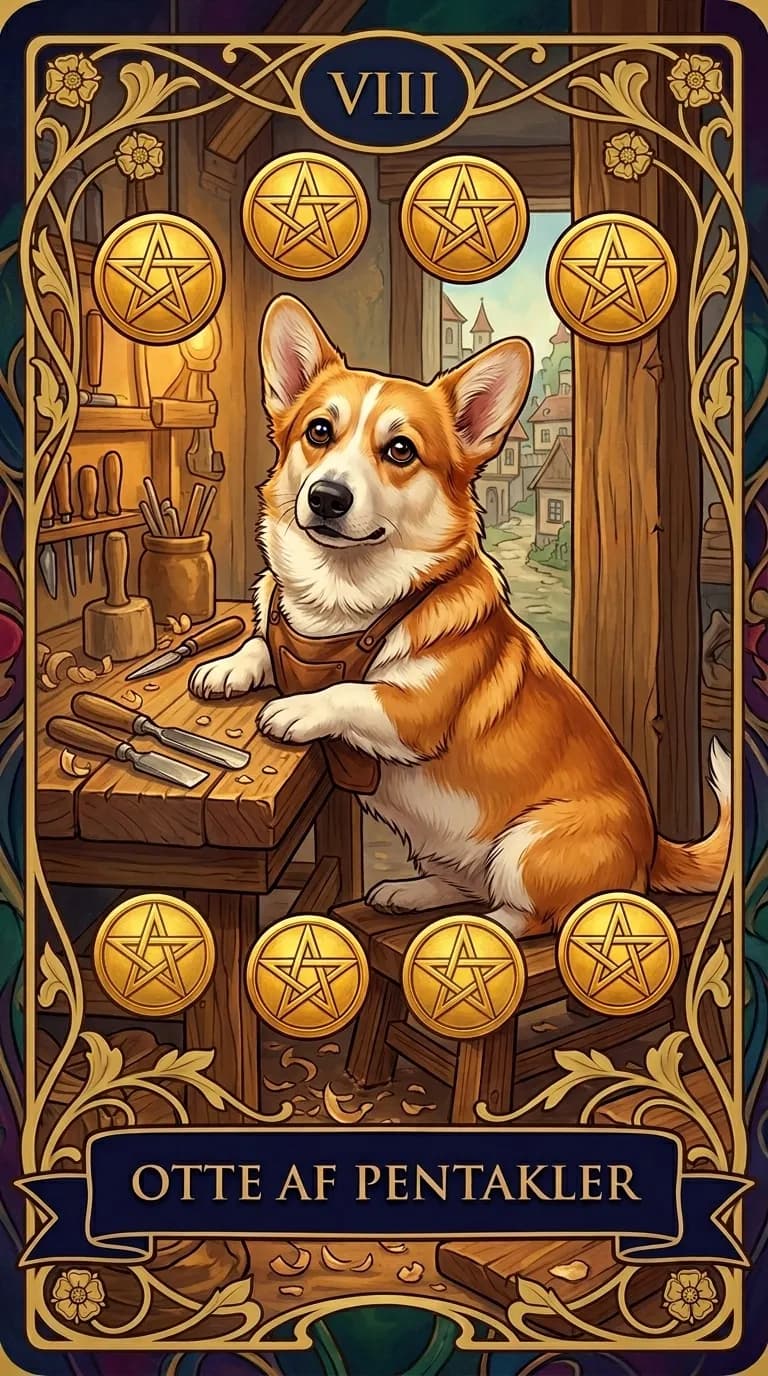 Tarotkortet Otte af Pentakler fra et personligt eksempelkortsæt