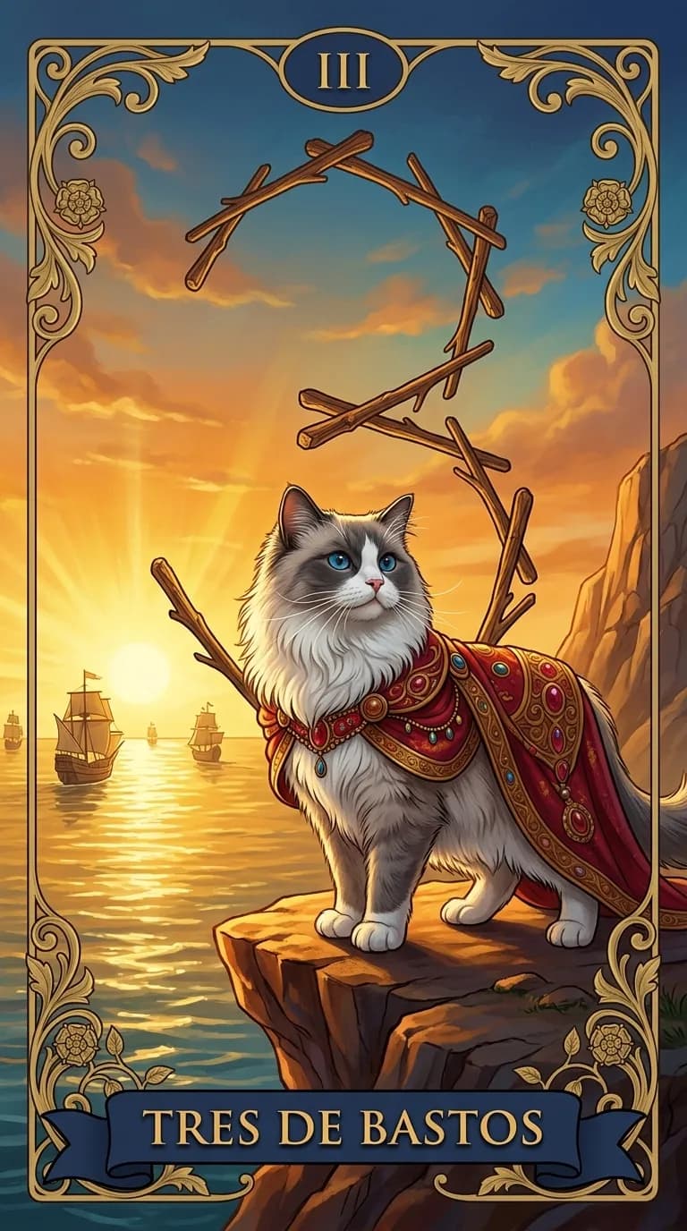 Carta de tarot Tres de Bastos de una baraja de muestra personalizada