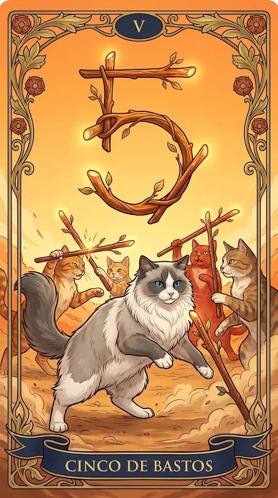 Carta de tarot Cinco de Bastos de una baraja de muestra personalizada