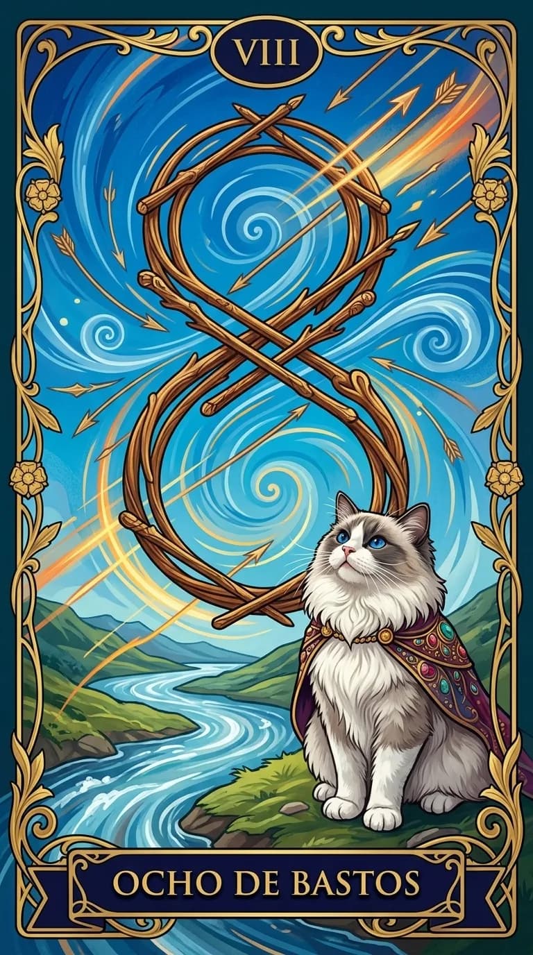 Carta de tarot Ocho de Bastos de una baraja de muestra personalizada