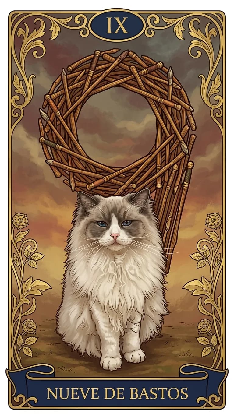 Carta de tarot Nueve de Bastos de una baraja de muestra personalizada