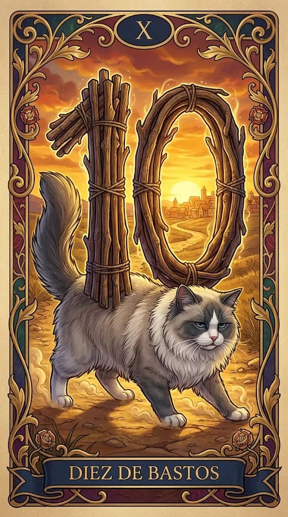Carta de tarot Diez de Bastos de una baraja de muestra personalizada