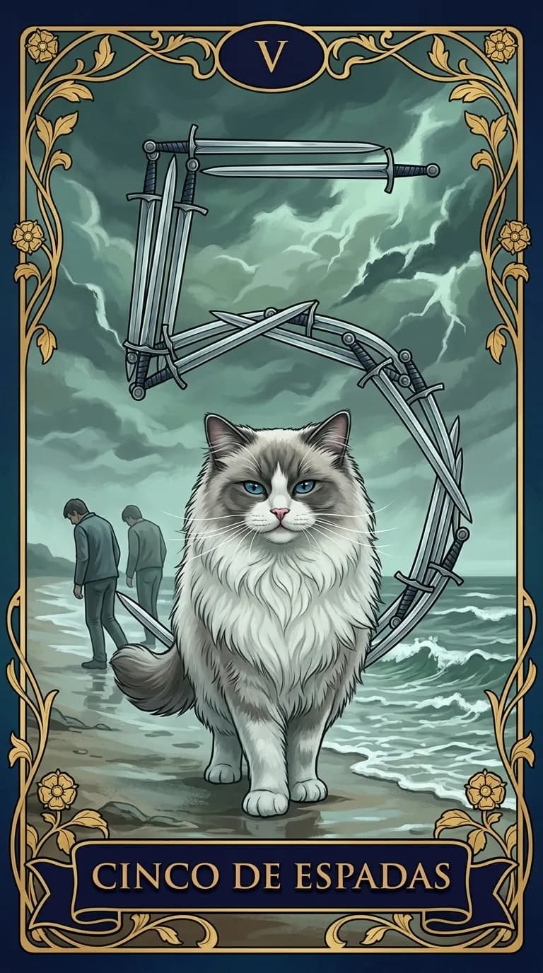 Carta de tarot Cinco de Espadas de una baraja de muestra personalizada