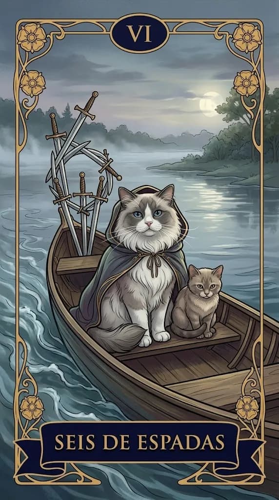 Carta de tarot Seis de Espadas de una baraja de muestra personalizada