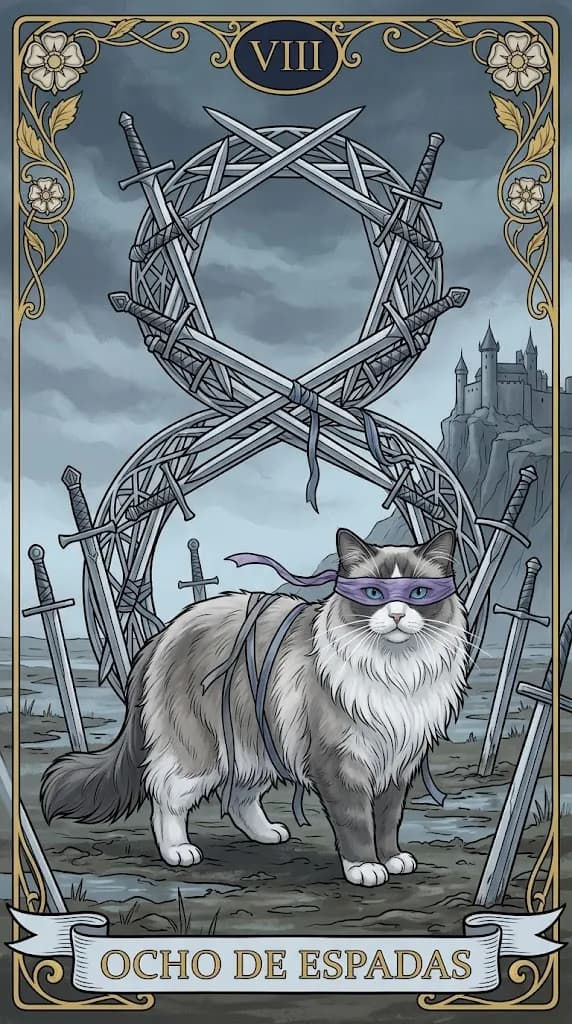 Carta de tarot Ocho de Espadas de una baraja de muestra personalizada