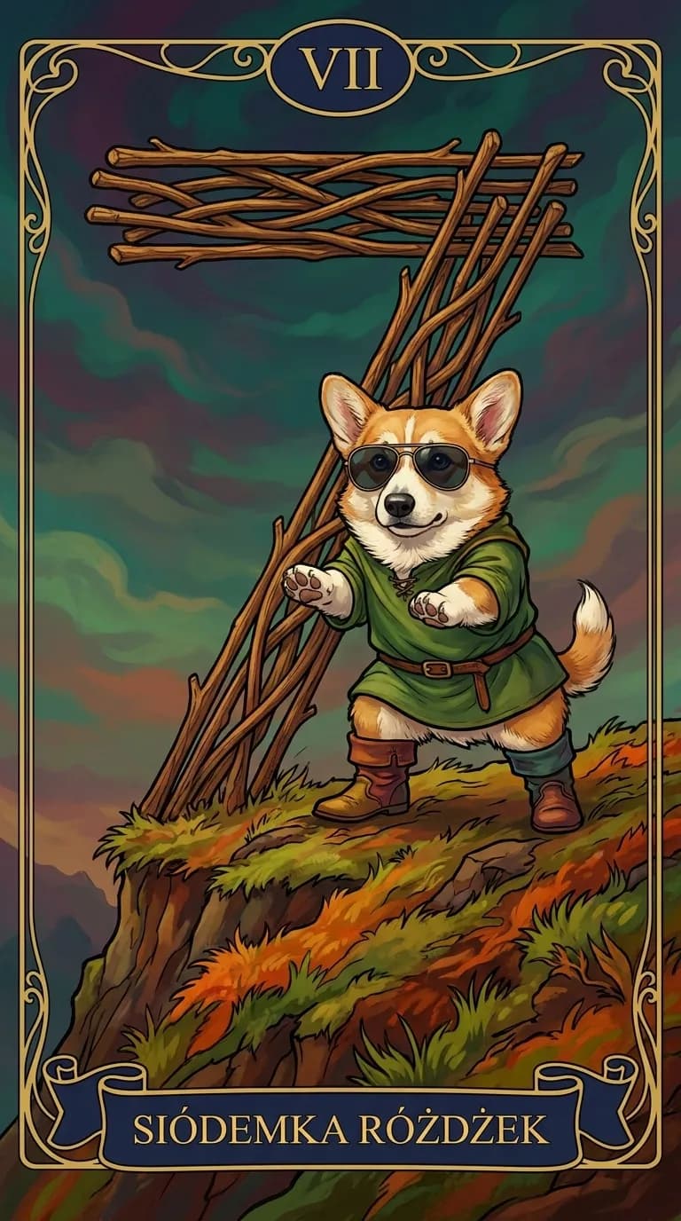 Karta tarota Siódemka Różdżek z personalizowanej przykładowej talii