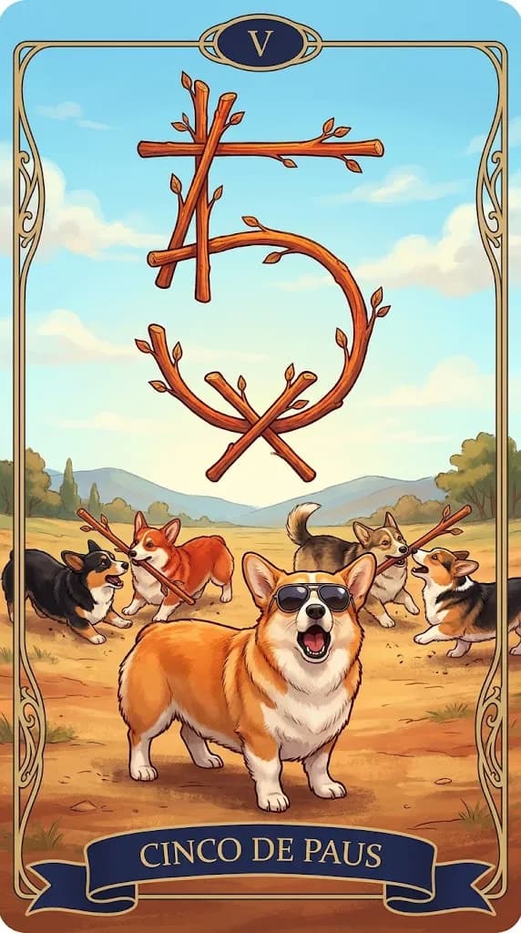 Carta de tarot Cinco de Paus de um baralho de exemplo personalizado