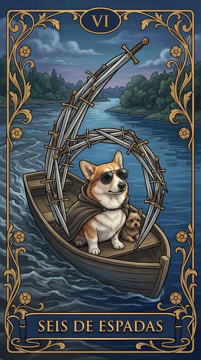 Carta de tarot Seis de Espadas de um baralho de exemplo personalizado