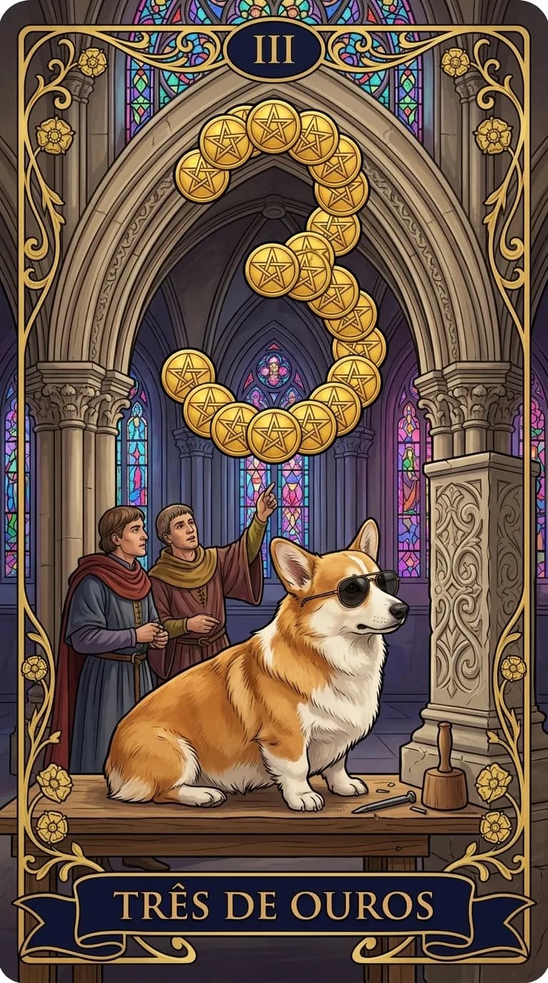 Carta de tarot Três de Ouros de um baralho de exemplo personalizado