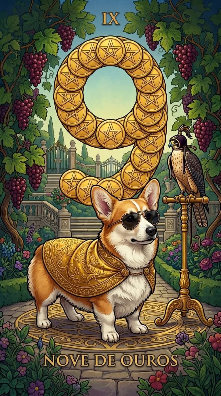 Carta de tarot Nove de Ouros de um baralho de exemplo personalizado