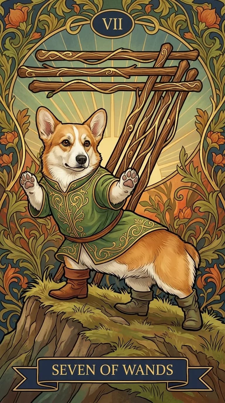 Seven of Wands tarot card from a personalized sample deck