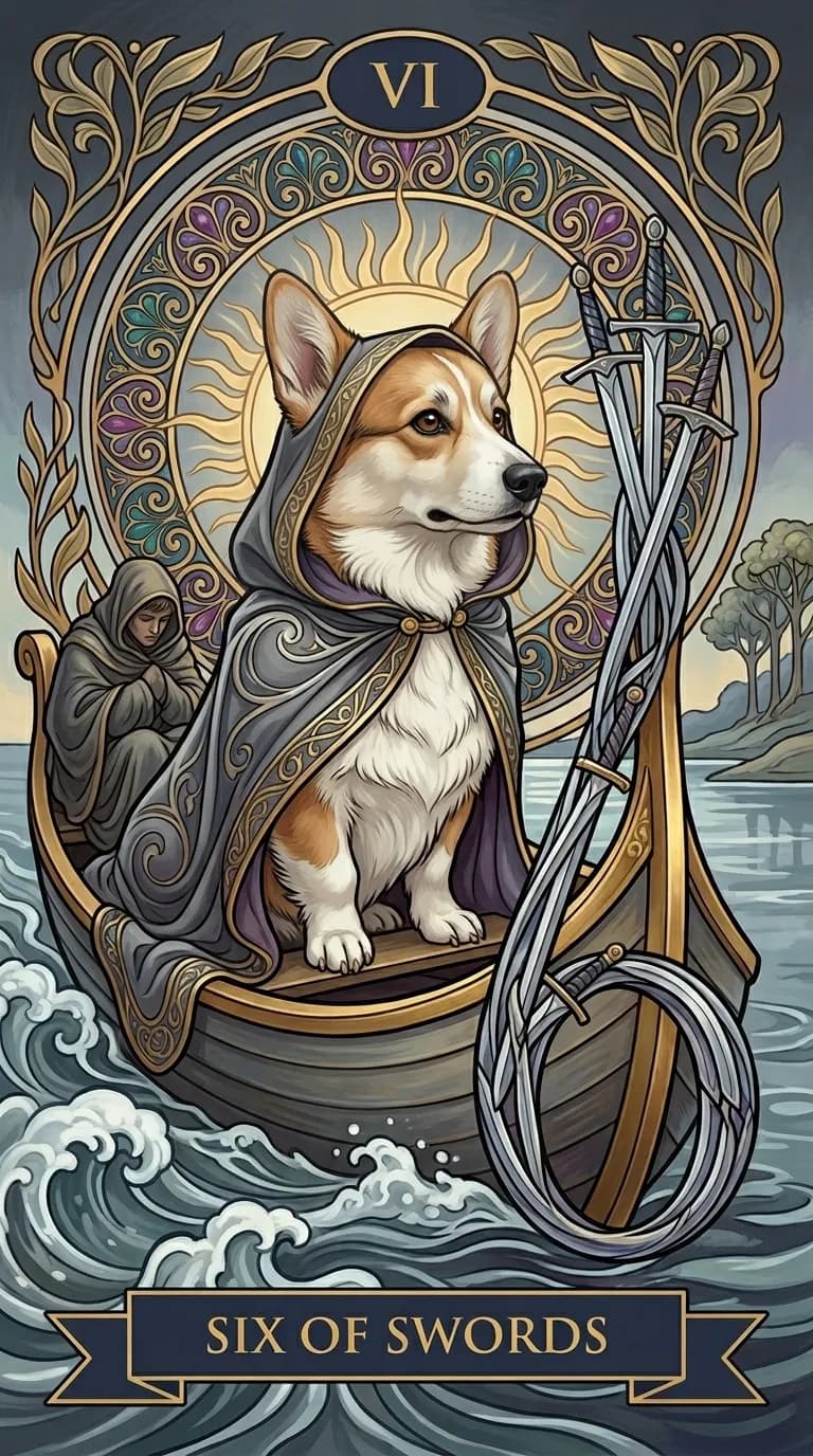 Six of Swords tarot card from a personalized sample deck