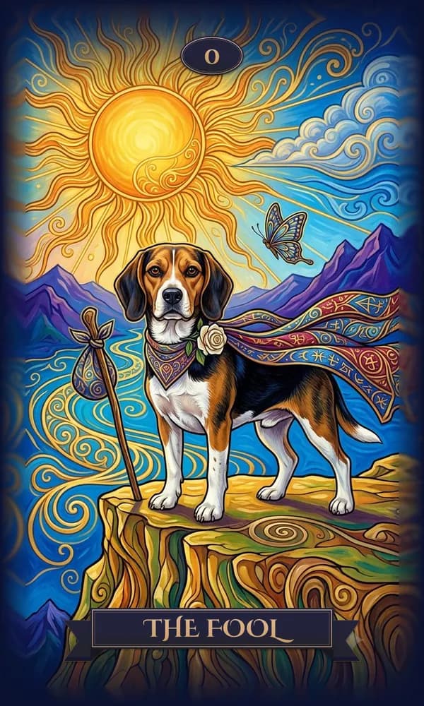 Beagle as The Fool on a personalized tarot card