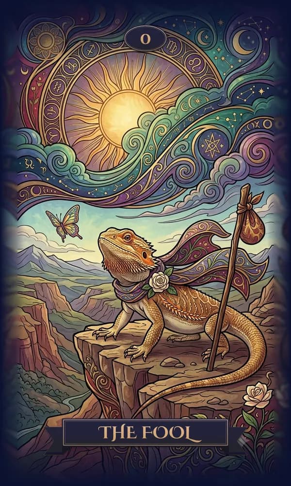 Bearded Dragon as The Fool on a personalized tarot card