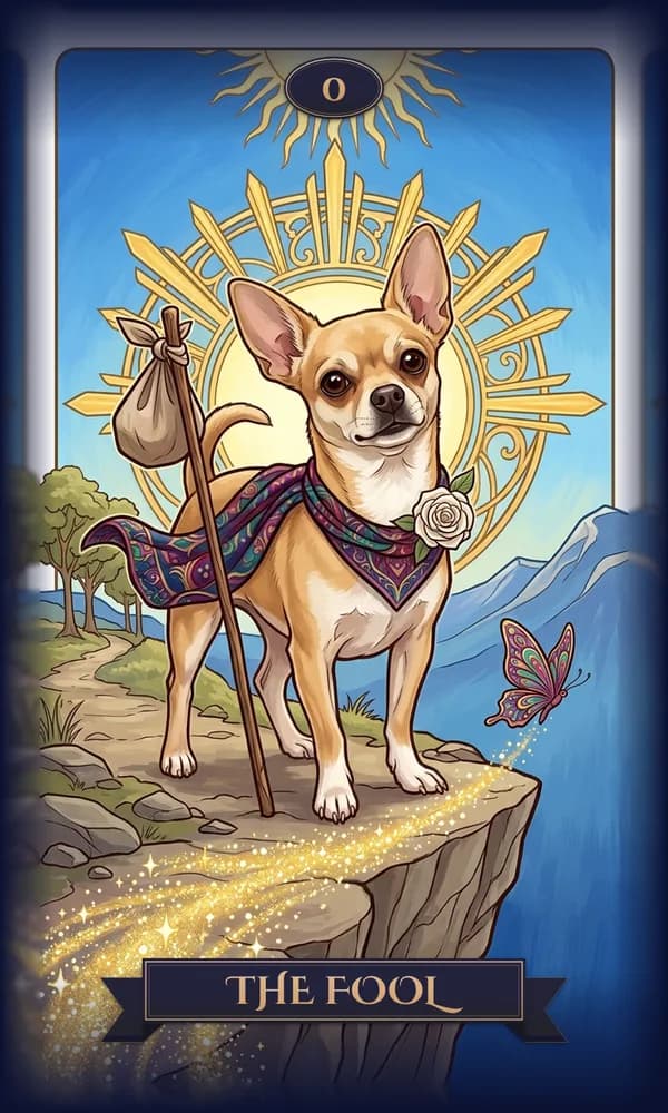 Chihuahua as The Fool on a personalized tarot card