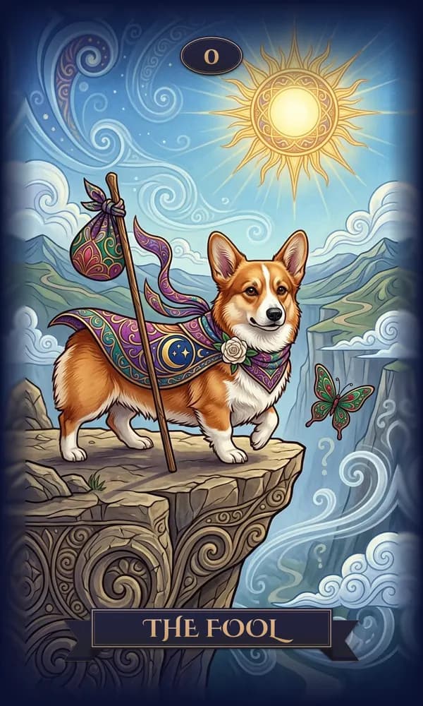 Corgi as The Fool on a personalized tarot card