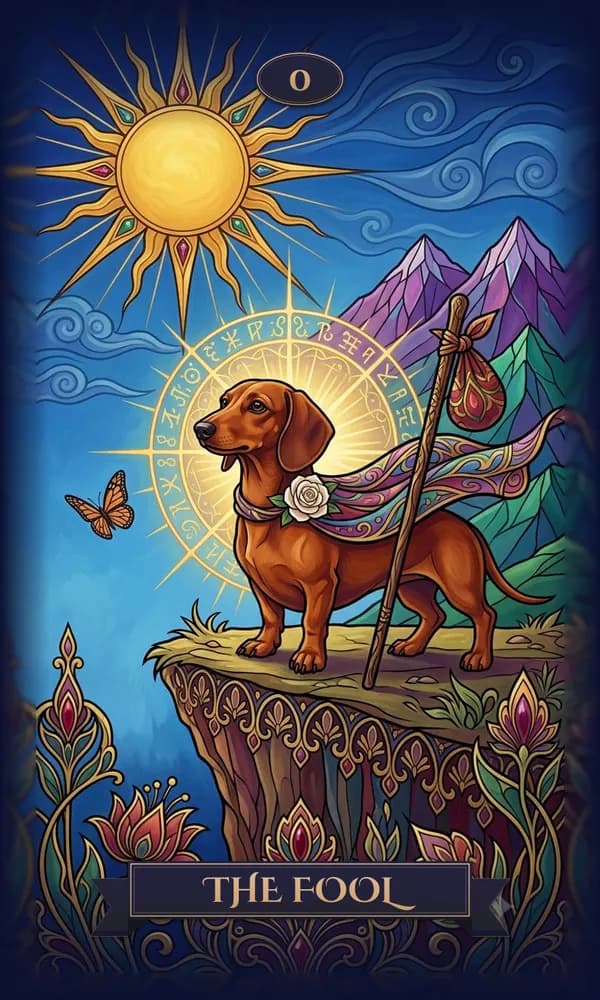 Dachshund as The Fool on a personalized tarot card