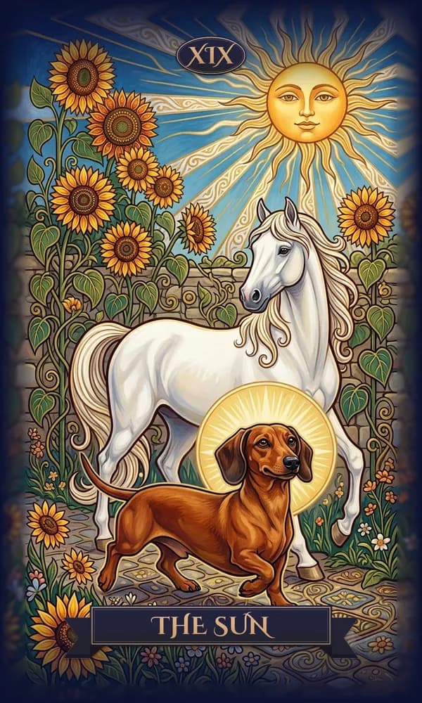 Dachshund as The Sun on a personalized tarot card