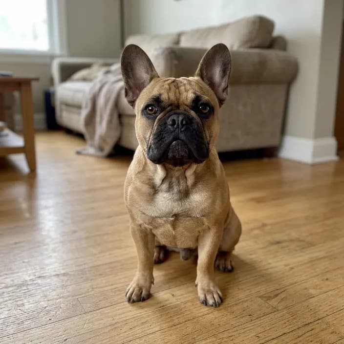 A fawn French Bulldog sitting on a hardwood floor at home