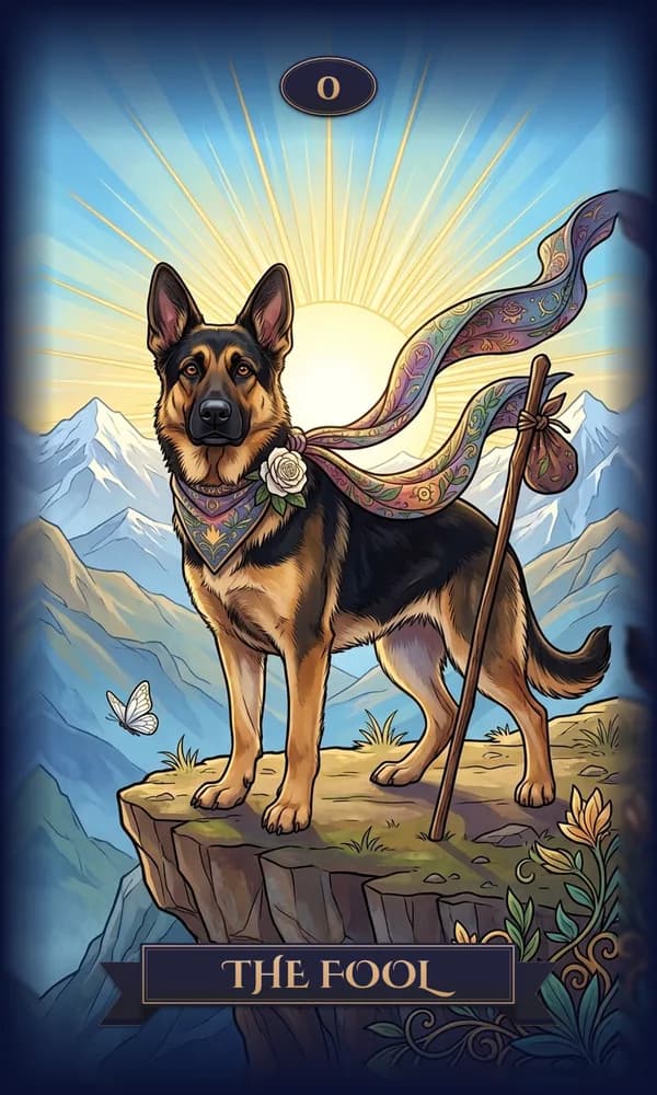 German Shepherd as The Fool on a personalized tarot card