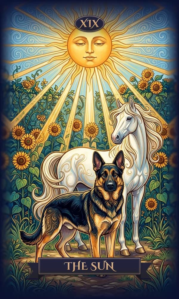 German Shepherd as The Sun on a personalized tarot card