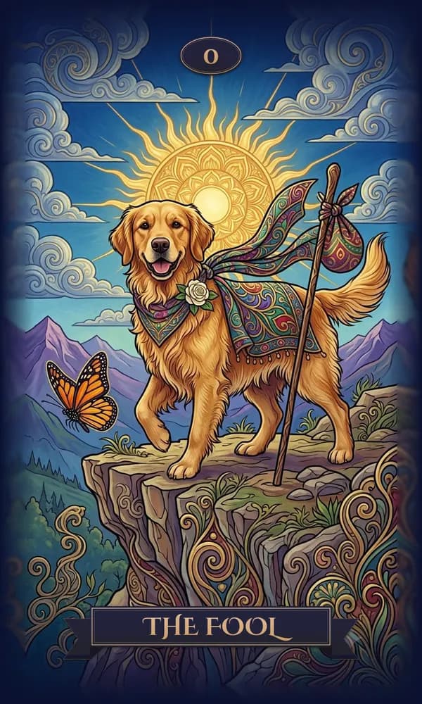 Golden Retriever as The Fool on a personalized tarot card