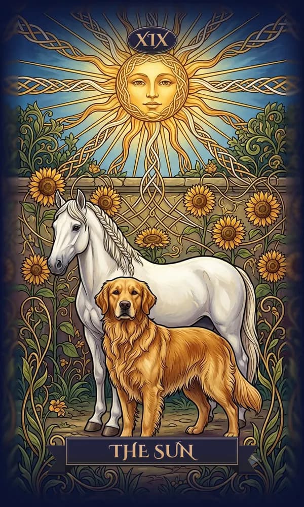 Golden Retriever as The Sun on a personalized tarot card