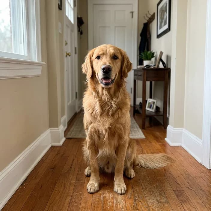 The photo of a golden retriever the postcard was made from