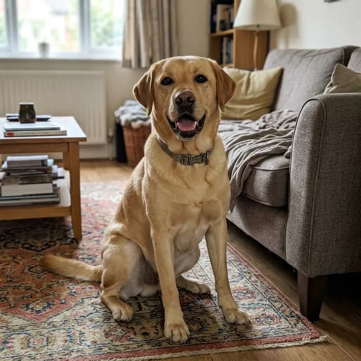 A yellow Labrador Retriever sitting on a rug in a living room