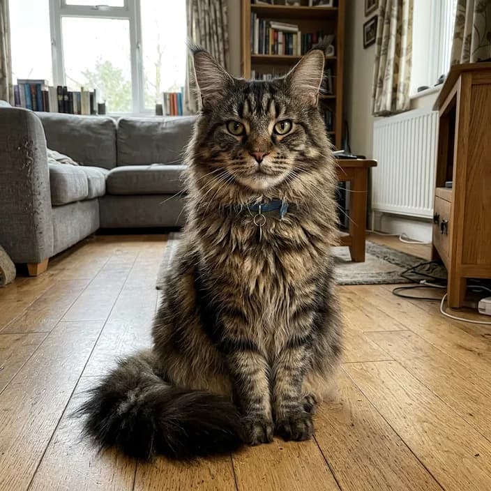 A brown tabby Maine Coon sitting on a wooden floor at home