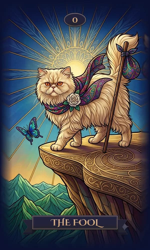 Persian as The Fool on a personalized tarot card