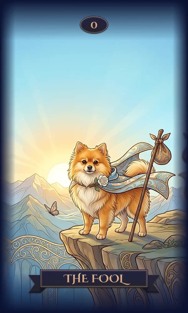 Pomeranian as The Fool on a personalized tarot card