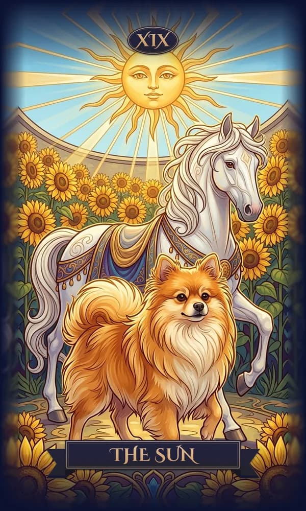 Pomeranian as The Sun on a personalized tarot card