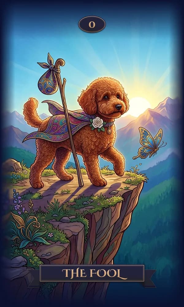 Poodle as The Fool on a personalized tarot card