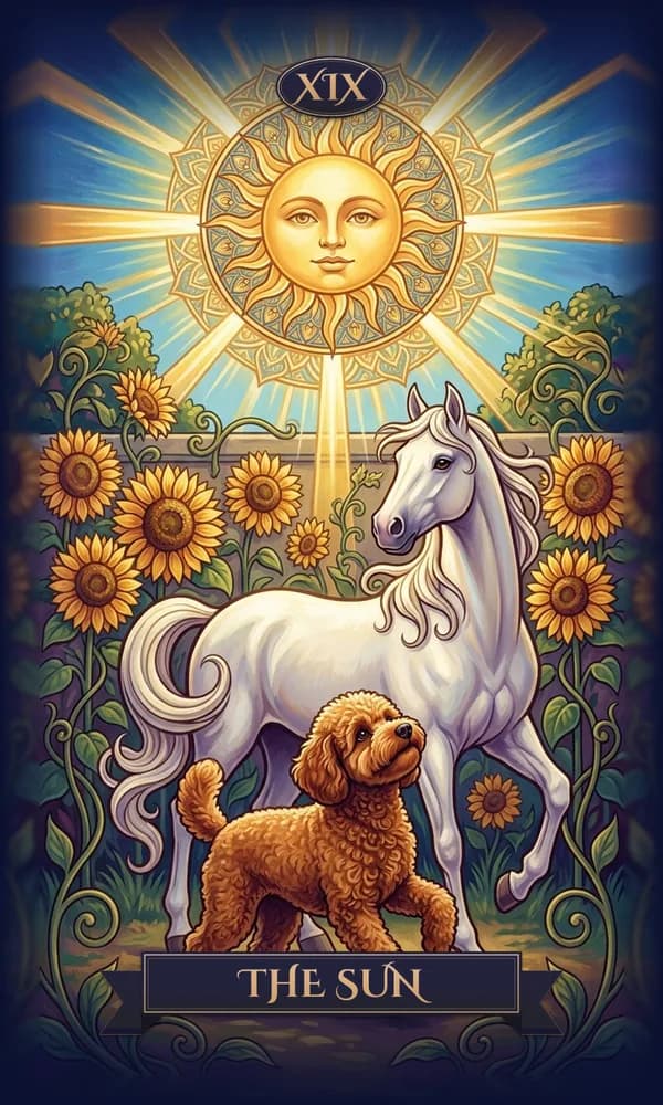 Poodle as The Sun on a personalized tarot card