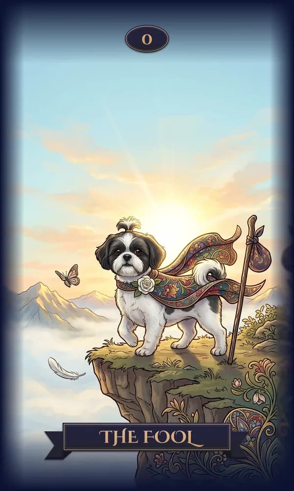 Shih Tzu as The Fool on a personalized tarot card